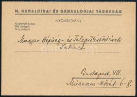 1943 A M. Heraldikai és Geneológiai Társaság kiadványának előfizetési felhívása, kihajtható postai feladásra előkészített nyomtatvány, szép állapotban