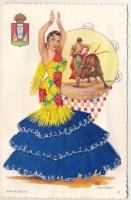 1965 Andalucia / Spanish folklore - modern silk and textile card / Spanyol táncos - Modern textil képeslap s: Elsi Gumier (gyűrődések / creases)