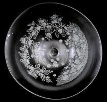 Kristály talpas asztalközép kínáló, virágzó ág mintával, jelzés nélkül, hibátlan, d: 25 cm, m: 17 cm