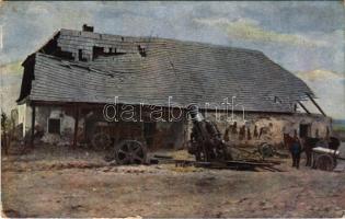 Világháború 1914-1916. Osztrák-magyar 30,5 cm-es mozsár fedett állásban / Weltkrieg 1914-1916. Österr.-ung. 30,5 cm Mörser in gedeckter Stellung, Russisch-Polen / WWI Austro-Hungarian K.u.K. military, 30,5 caliber mortar cannon in covered position in Russian Poland (ázott sarok / wet corner)