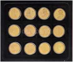 ifj. Szlávics László (1959-) 2011. "Nagy Magyarok" éremsorozatból "Arany János + Árpád fejedelem + Eötvös Loránd + Gróf Széchenyi István + Hunyadi Mátyás + Kossuth Lajos + Liszt Ferenc + Munkácsy Mihály + Petőfi Sándor + Puskás Ferenc + Szent-Györgyi Albert + Szent István" aranyozott Cu emlékérmek kapszulában, tanúsítvánnyal (12xklf), bársonybélésű mahagóni fa érmetartó kazettában, benne 1db kivehető tálcával, összesen 12db 5x5cm-es férőhellyel, tulajdonosi tanúsítvánnyal, használt, szép állapotban T:PP