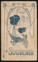 cca 1900-1910 Főző hölgy fotója, vizitkártya, dekoratív, szecessziós díszítéssel, 10,5x6,5 cm