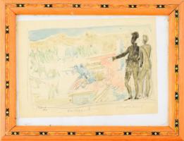 Istókovits Kálmán (1898-1990): Partizánok (freskóterv). Akvarell, ceruza, papír. Jelzett. Üvegezett fakeretben. 15x21 cm