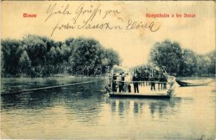 1910 Moson, Kompátkelés a Kis Dunán, lovak. Pingitzer Ignác kiadása, W.L. 2159. + "WIEN - GYŐR - BUDAPEST 14. sz." vasúti mozgóposta bélyegző (fl)