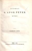 Altorjai b[áró] Apor Péter munkái. Közli Kazinczy Gábor. Pest, 1863. (Magyar Tudományos Akadémia - Emich Gusztáv ny.) VIII [helyesen X] + [2] + 484 p. Egyetlen kiadás. Apor Péter (1676-1752) erdélyi főispán, királybíró, történetíró. Kötetünk "Lusus mundi" című, latin nyelven írt genealógiai munkáját tartalmazza, valamint a hazai mentalitástörténet szempontjából kiemelkedő fontosságú, ízes magyar nyelven írt "Metamorphosis Transylvaniae" című írását, amely a nájmódi beköszöntése előtti régi jó erdélyi (főúri) szokásoknak, étrendnek, utazási, házasodási és temetési szokásoknak, valamint a régi jó erkölcsöknek állít emléket. A Metamorphosis Transylvaniae szövegét Cserei Mihály témába vágó pótjegyzetei kísérik. Kötetünk első levelének és a belív számos levelének fűzése a gerincnél erősítve, egy levél sarkán apró pótlás. (Magyar történelmi emlékek - Monumenta Hungariae Historica. Második osztály: Írók. XI. kötet.) XX. század második felében készült, aranyozott gerincű egészvászon kötésben.
