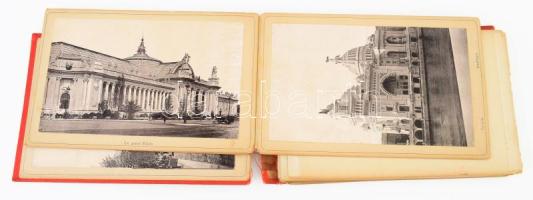 1900 Paris, Exposition universelle / Párizsi világkiállítás, leporelló album 12 db keményhátú fotóval, dekoratív, szecessziós egészvászon-kötésben, sérült, széteső állapotban, egyenként: 10,5x16,5 cm