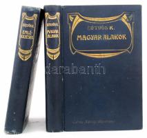 Eötvös Károly 2 kötete: Emlékezések, Magyar alakok. Eötvös Károly Munkái V-VI. Bp.,1909, Révai, 4+340+4 p.;2+316 p. 4. kiadások. Kiadói szecessziós aranyozott egészvászon-kötés, kopott borítóval, az első kötetben hiányzó szennylappal.