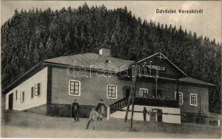 1912 Vereskő, Cervená Skala (Királyhegyalja, Sumjácz, Sumiac); vendéglő. Kiszely János kiadása / restaurant + "ZÓLYOM-BREZÓ - ZÓLYOM 97. SZ." vasúti mozgóposta bélyegző (ragasztónyom / glue marks)