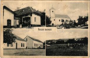 1941 Kicsind, Malá nad Hronom, Kicind; utcakép, üzlet, Római katolikus templom, Iskola, Garam parti részlet. Kiadja Jónás Goldstein / street view, shops, Catholic church, school, Hron riverside (ázott sarkak / worn corners)