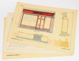 1942 Szatmárnémeti, üzlethelyiségek frontjainak tervei art deco stílusban, össz. 3 db. Akvarell, ceruza, tus, papír, feltehetően diákok tervei, egyiken kisebb halvány foltokkal, másikon utólagos ceruzavonallal, 39×56,5 cm