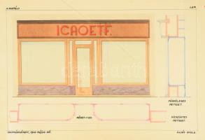 1942 Szatmárnémeti, üzlethelyiségek frontjainak tervei art deco stílusban, össz. 3 db. Akvarell, cer...