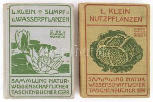 Klein, Ludwig: Nutzpflanzen der Landwirtschaft und des Gartenbaues. + Unsere Sumpf- und Wasserpflanzen. (2 kötet). Sammlung naturwissenschaftlicher Taschenbücher. Heidelberg, [1909-1919], Carl Winter's Universitätsbuchhandlung, 109 p.+ 100 (színes) t.; XXVIII+101+(1) p.+ 96 (színes) t. Gazdag szövegközti és egészoldalas képanyaggal illusztrálva. Német nyelven. Kiadói egészvászon-kötés, nagyrészt jó állapotban.