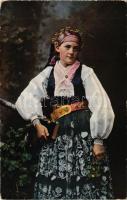 1910 Sächsische Frau / Femeie tinara saseasca / Ifjú szász asszony. H. Zeidner kiadása. Erdélyi népviseletek 4. sz. / Transylvanian folklore, young Saxon lady in folk costumes (fa)