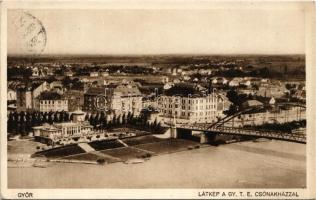 1933 Győr, látkép a GyTE (Győri Torna Egylet) csónakházzal, Csermák-ház, híd (ragasztónyom / glue marks)