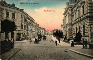 1916 Jablonec nad Nisou, Gablonz an der Neisse; Reichsstrasse / street view, tram (fl)
