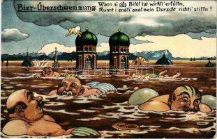 Bier-Überschwemmung / Drunk men humour with beer flood in München. Heliokolorkarte von Ottmar Zieher (EK)