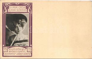 Fedák Sári. Szecessziós dombornyomott keretben, Diana krém és szappan reklámmal. Készíti Ernyei Béla gyógyszerész, Budapest VII. Károly körút 5. Art Nouveau