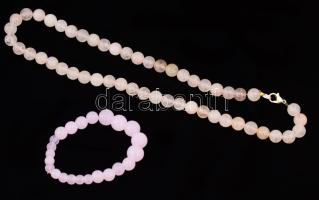 Rózsakvarc nyaklánc és karkötő, h: 44 cm