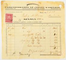 1929 Miskolc, Vaskereskedés az "Arany Kaszához", cégtulajdonos Haás Lajos, fejléces számla, 2 f okmánybélyeggel, széle sérült, kissé foltos, hajtásnyommal