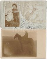 2 db RÉGI fotós képeslap: anya csecsemővel és férfi lóháton / 2 pre-1945 photo postcards: mother with baby, man on horseback