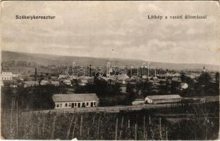 1917 Székelykeresztúr, Kristur, Cristuru Secuiesc; látkép a vasútállomással. Ifj. Szemerjay Károly kiadása / railway station (kopott sarkak / worn corners)
