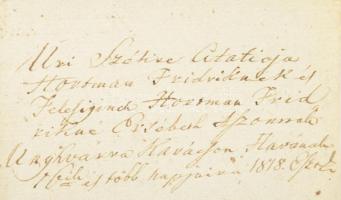1818. dec. 16 Ungvár (ma Uzshorod, Ukrajna) . 
Úri szék elé idézőlevél Hartman Frigyesnek és felesé...