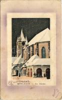 1916 Szászsebes, Mühlbach, Sebesul Sasesc, Sebes; Ev. Kirche / Evangélikus templom télen este, Josef Hientz üzlete és saját kiadása / Lutheran church in winter at night, publisher's shop (EK)