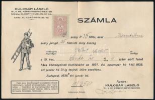 1938 Bp., kéményseprő számla, Gellért udvar házról, 2 fillér okmánybélyeggel, fejléces papíron