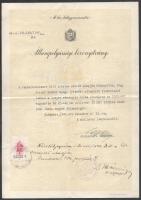 1940-41 Komárom, állampolgársági bizonyítvány felvidéki, Szepes vármegyei, felkai születésű hölgy részére, 2 pengő okmánybélyeggel, felülbélyegzéssel, hajtásnyomokkal