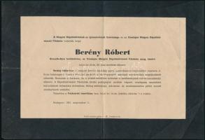 1953 Berény Róbert Kossuth-díjas festőművész gyászjelentése, hajtásnyomokkal
