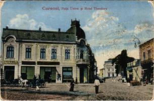 1918 Caracal, Piata Unirei si Hotel Theodoru / square, hotel (worn corners)
