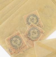 Magyar illetékbélyegek tasakokban + nyugta és két okirat okmánybélyegekkel