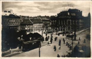 Pozsony, Pressburg, Bratislava; Városi színház, tér, villamos, Sport Bodega, bútorüzlet / theatre, square, tram, shops. photo (EK)
