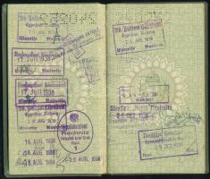 1938 Magyar Királyság fényképes útlevél férj és feleség részére, néhány bélyegzéssel (Rechnitz), vás...