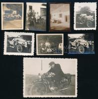 cca 1932 Automobil fotók, 7 db + 1 motor Iklad, Gyöngyösapáti, stb 2x3 cm