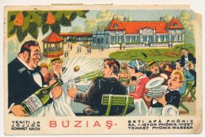 1934 Buziásfürdő, Baile Buzias; Jöjjön, igyon Phönix vizet! reklámlap a kaszinóval, vendégekkel és pincérekkel / Kommet nach, trinket Phönix-Wasser / Veniti La Beti Apa Phönix / mineral water advertisement, casino guests and waiters. litho (EM)