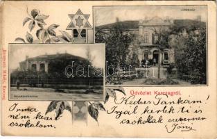 1903 Karcag, Takarékpénztár, Városháza. Bergmann Mihály kiadása, Art Nouveau, floral keret Dávid-csillaggal (EK)