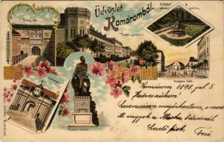 1898 (Vorläufer) Komárom, Komárno; Öreg vár, várkapu, Klapka szobor, Tiszti pavilon, Sétatér és zenepavilon, Klapka tér. Spitzer Sándor kiadása / castle, officers' pavilion, promenade with music pavilion, square. Art Nouveau, floral, litho (EK)