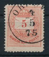 1874 5kr durva gyöngyjavítással (ex Lovász) (saroktörés / folded corner)