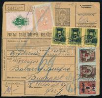 1945 (3. díjszabás) Csomagszállító 8 db inflációs bélyeggel és 2 db illetékbélyeggel "BÁCSBORSO...