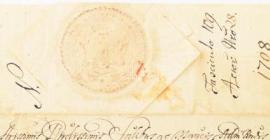 1708 II. Rákóczi Ferenc levelének külzete, fejedelmi papírfelzetes viaszpecséttel Ungvárra