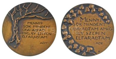 Konyorcsik János (1926-2010) 1974. "Mennyi sok mindent oda adtam amíg ily szépen elfáradtam - Ady" egyoldalas bronz emlékérem (2xklf) változat, eltérő, fás és virágos éremképpel (90 és 92mm) T:AU