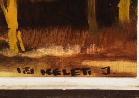 fj. Keleti Jenő (1943-1999): Őszi táj. Olaj, farost, jelzett, hátoldalán autográf felirattal, dekora...