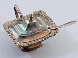 Régi angol kaviárkínáló, királykék üveg betéttel, ezüst (Ag) kanállal, jelzett, 10x11 cm