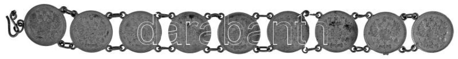 Orosz Birodalom 1914. 10k Ag (9x) fülekkel karkötővé alakítva T:XF,VF, patina, hiányzik a zár-kapocs Russian Empire 1914. 10 Kopecks Ag (9x) refurbished to bracelet C:XF,VF, patina, missing brace-lock