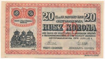 Ostffyasszonyfa / Hadifogolytábor 1916. június 1. 20K arab sorozat- és sorszámmal "3 0779" T:AU Hungary / Ostffyasszonyfa / POW Camp (Kriegsgefangenenlager) June 1st 1916. 20 Korona / Kronen arabic series and serial numerals "3 0779" C:AU Adamo HHO-2.7