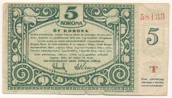 Sopron 1919. 5K pénztárjegy "T 58133" sorszámmal, "Soproni Hitelbank RT." szárazbélyegzővel T:VG beszakadás, a hajtás mentén anyagkopás Adamo SOP6.1.2