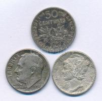 3db-os kisezüst tétel, benne Franciaország 1909. 50c Ag + Amerikai Egyesült Államok 1943. 1d (10c) Ag "Mercury Dime" + 1957. 1d (10c) Ag "Roosevelt Silver Dime" T:VF-F 3pcs mixed lot of silver coins, including France 1909. 50 Centimes Ag + USA 1943. 1 Dime (10 Cents) Ag "Mercury Dime" + 1957. 1 Dime (10 Cents) Ag "Roosevelt Silver Dime" C:VF-F Krause KM#140, KM#195, KM#854