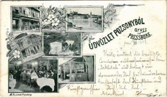 1898 (Vorläufer!) Pozsony, Pressburg, Bratislava; Jaklitsch János üzlete, Duna part, borospince, étterem, kerthelyiség. M. Freistadt kiadása / shops, riverside, wine cellar, restaurant. Art Nouveaul, floral (apró szakadás / tiny tear)
