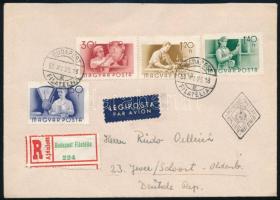 1955 Munka sor 1955 novemberben kiadott 4 értéke ajánlott légi FDC-n az NSZK-ba (hajtóka hiány)